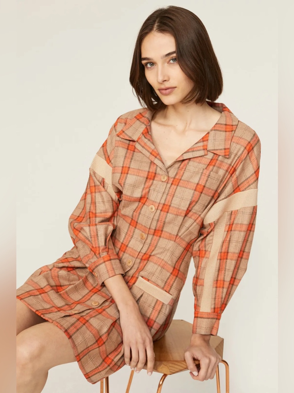 Maje Brown and Orange Plaid Mini Dress